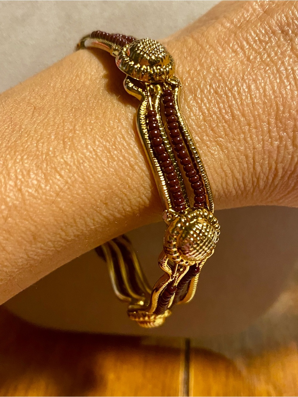 Gold-Tone and Burgundy Bead Women's Bracelet